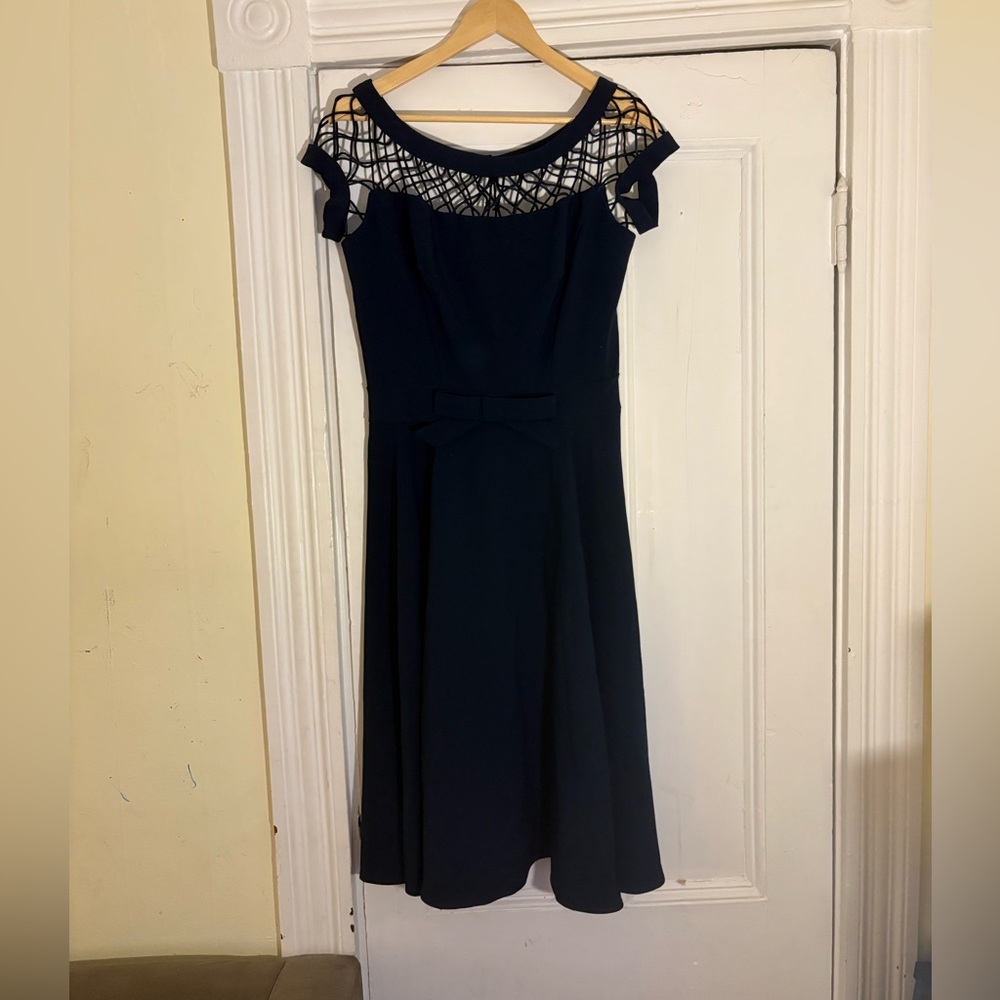 Tatyana Retro Navy Blue Midi Dress with Bow Detail